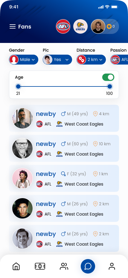 Mates Picks app screen showing fans nearby