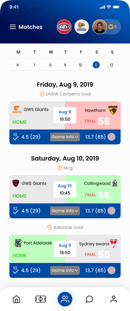 Mates Picks app screen showing matches