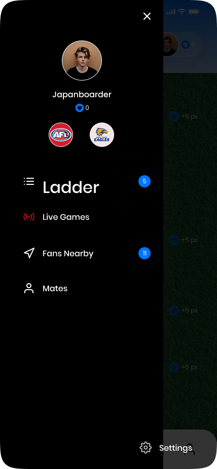 Mates Picks app screen showing side menu